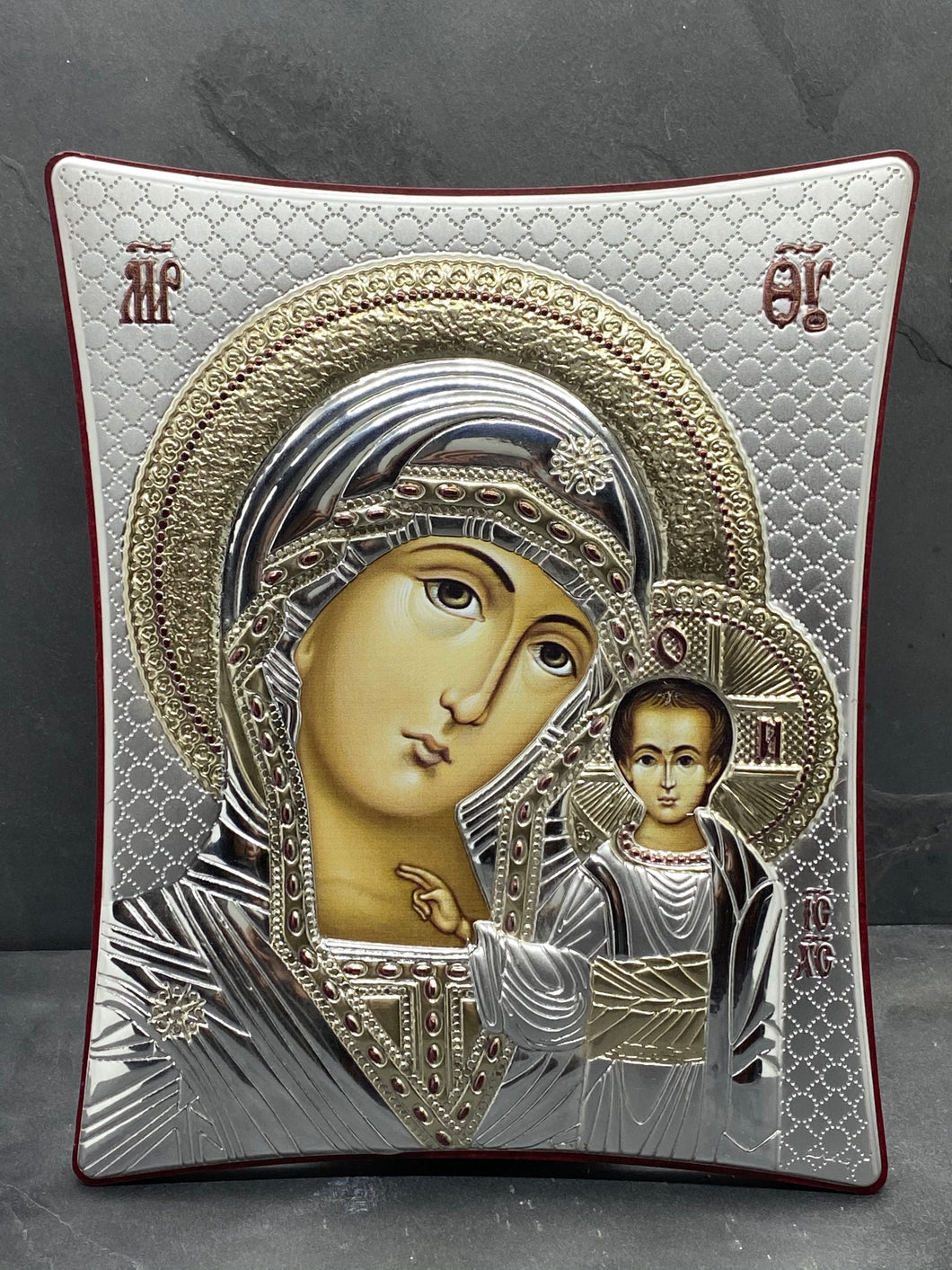 An original copy of Byzantine Holy Icon Kazanstan made with 925* Silver on Cherry Wood SI16