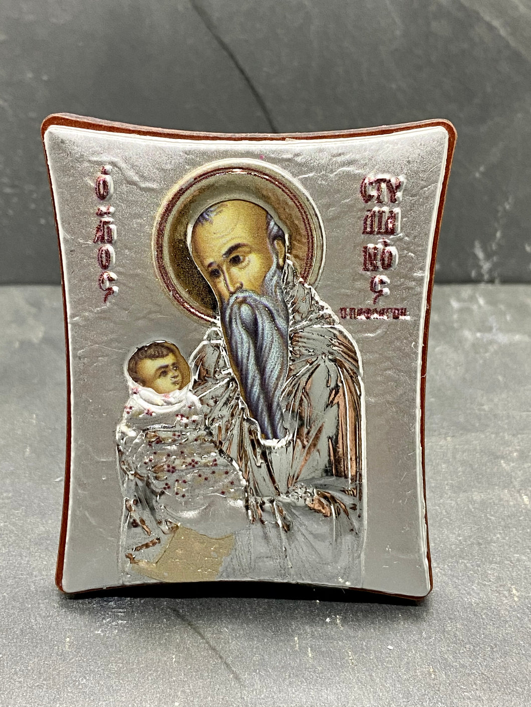 An original copy of Byzantine Holy Icon Agios Stelianos made with 925* Silver on Cherry Wood SI25