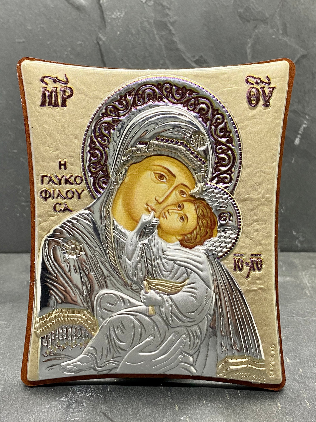 An original copy of Byzantine Holy Icon Glykofilousa  made with 925* Rose Gold  on Cherry Wood  SI23