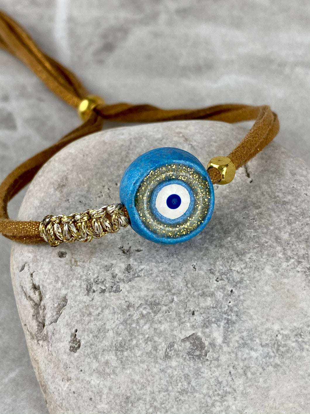 Adjustable Evil Eye Bracelet on Suede Strap with Beads EE2