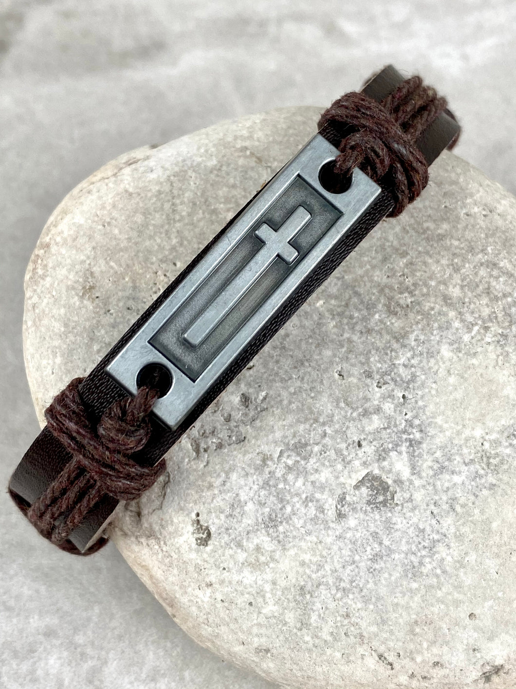 Brown Leather Adjustable Bracelet with Cross MLB10