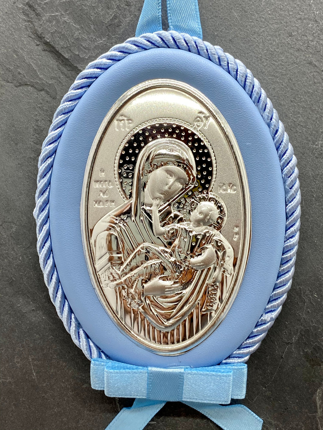 Silver Panagia Icon on Blue Leather Pillow Trimmed with Cord PS64