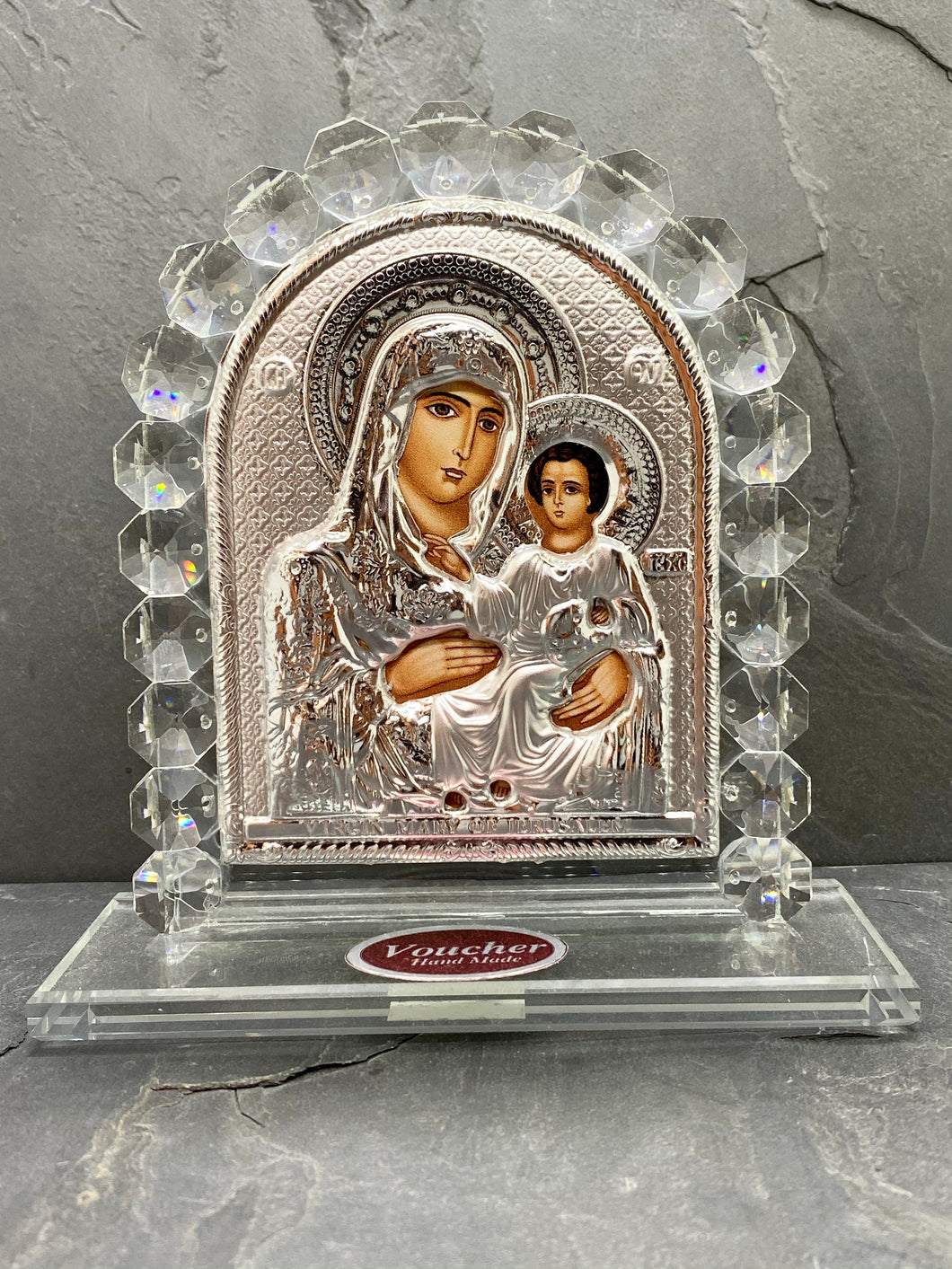 An original copy of Byzantine Holy Icon Panagia made with 925* Silver on Glass GP7