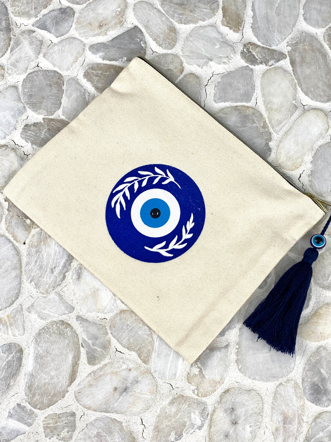 Canvas Evil Eye Clutch with Bead and Tassel