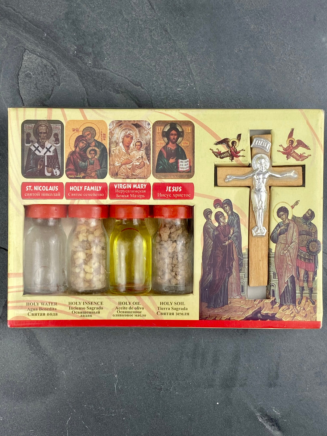 This Holy Box Set from Jerusalem contains Pure Water from the Jordan River, Genuine Earth From Jerusalem, Holy Olive Oil from Bethlehem, Incense and Olive Wood Cross from the Holy Land. HB20223