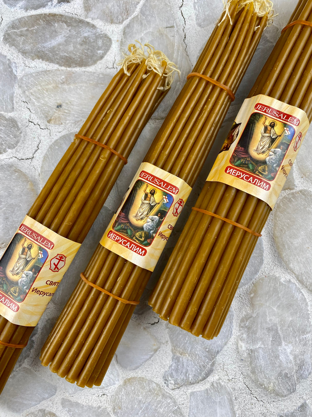 33 Honey Bee Wax Candles from the Holy Land, Blessed in the Holy Sepulchre Church, these Candles are Hand Made in Jerusalem. Bee Wax candles burn with an aromatic fragrance like that of honey. HC20226