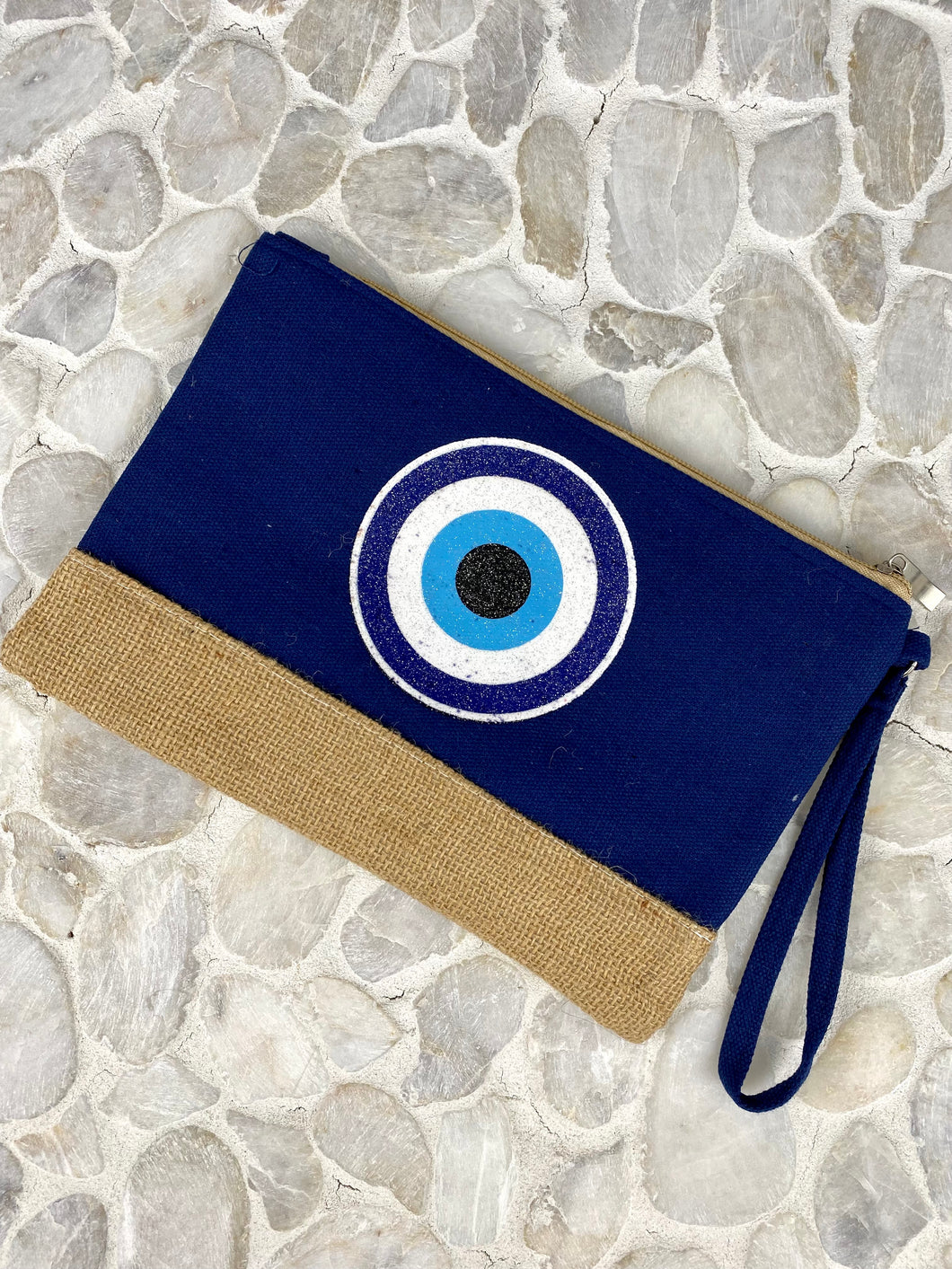 Navy Blue Canvas with Burlap Evil Eye Clutch