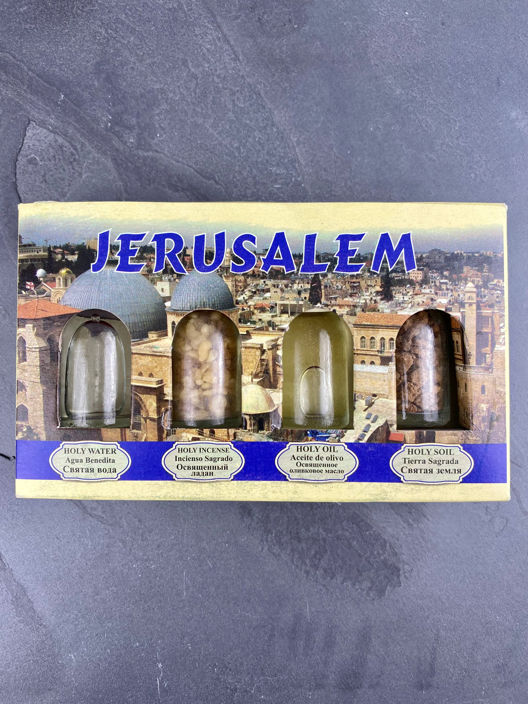 This Holy Box Set from Jerusalem contains Pure Water from the Jordan River, Genuine Earth From Jerusalem, Holy Olive Oil from Bethlehem, Holy Incense. HB20225